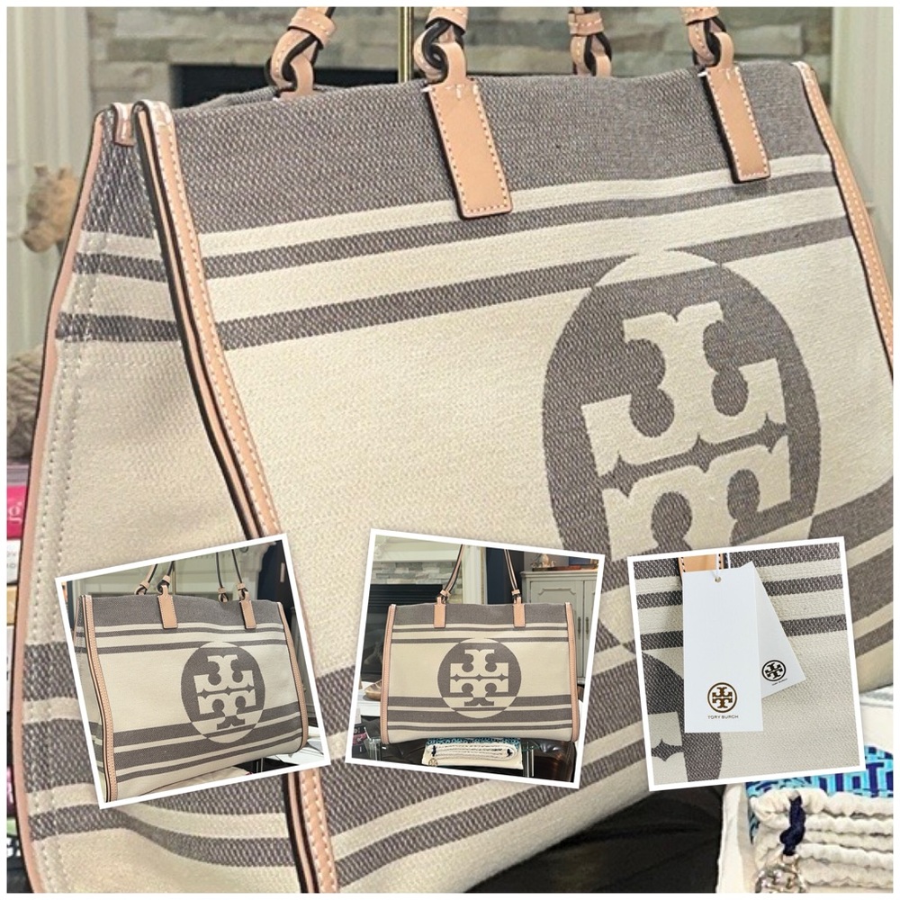 🔥 Authentic Tory Burch Ella Jacquard Stripe Large Tote Bag in Mushroom, NWT